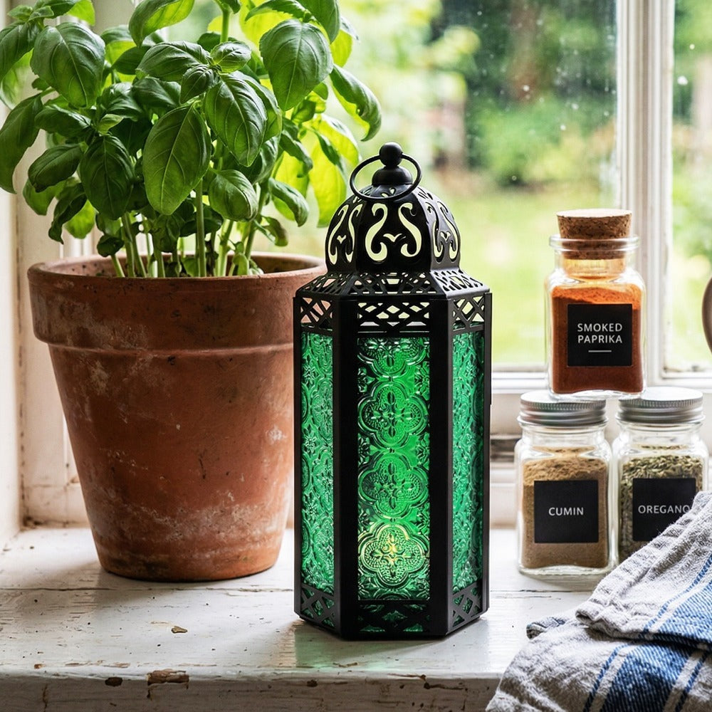 Moroccan Candle Lantern Holder - Decorative Metal & Glass Lantern with Embossed Floral Design for Indoor Home Decor, Garden, Patio, Weddings, Ramadan, Halloween & Holiday Celebrations - 10.5¡± Tall Medium Size