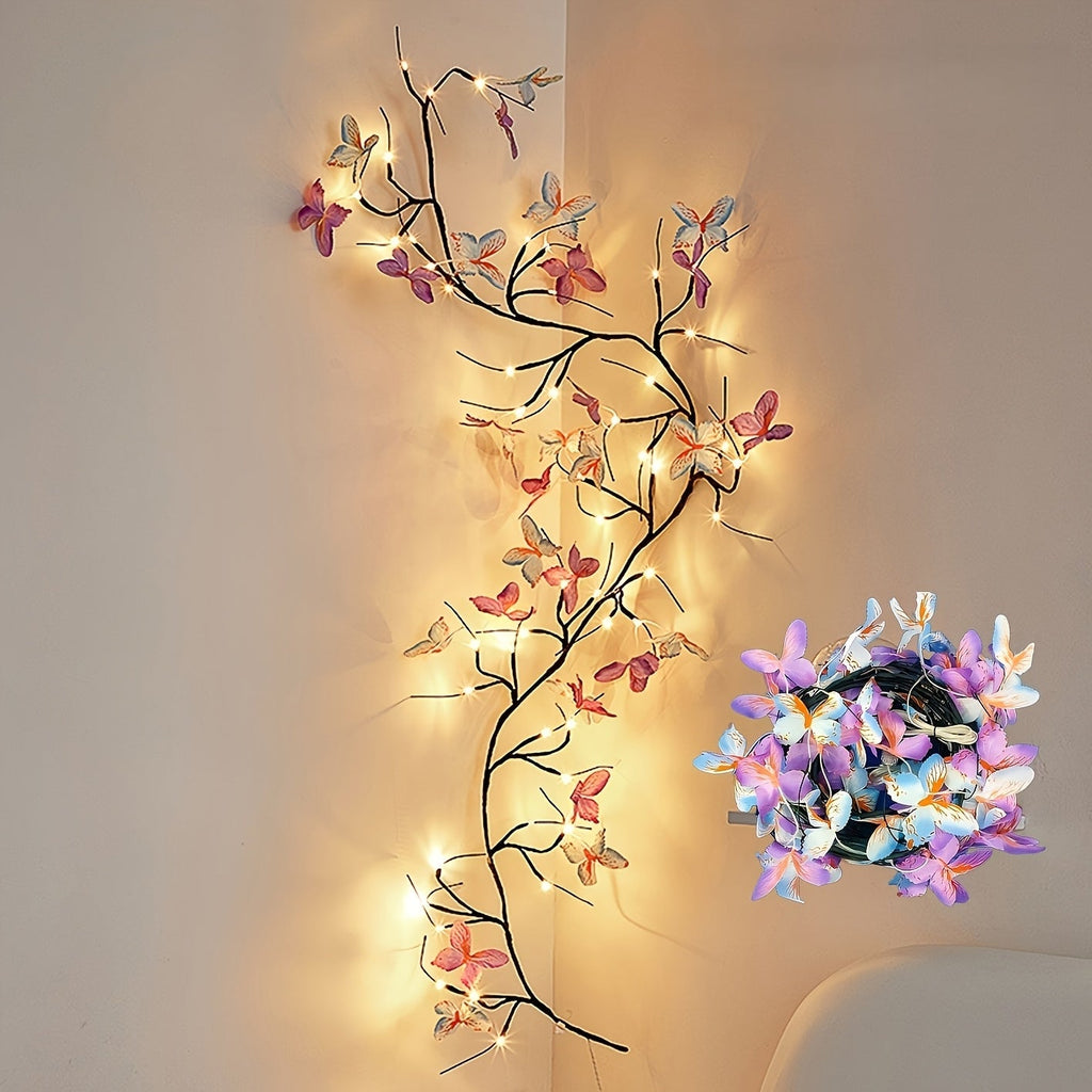 Butterfly Branch String Lights ¨C 30 LED Vine Fairy Lights with Artificial Purple-Blue Butterflies, 8 Lighting Modes, USB Powered Warm White, Boho Wall Decor for Bedroom Wedding Birthday Party Festival