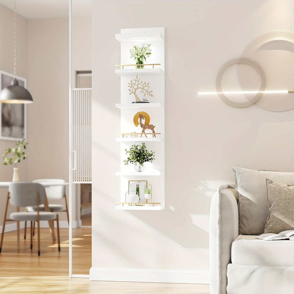 Floating Wall Shelves with LED Light - 6 & 8 Tier Wall Mounted Display Shelf Unit with Anti-Slip Rails for Bedroom, Living Room, Bathroom, Office & Dorm - Modern Space Saving Shelf (Black / White)