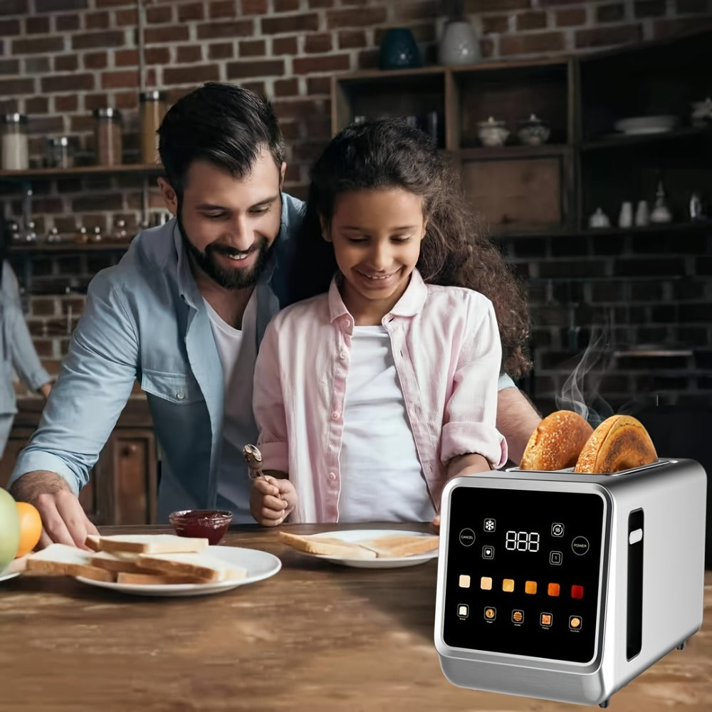 Digital Touch Screen Toaster 2 Slice Stainless Steel with 5 Bread Functions 7 Shade Settings Bagel Defrost Reheat Cancel Removable Crumb Tray LED Display Kitchen Toaster