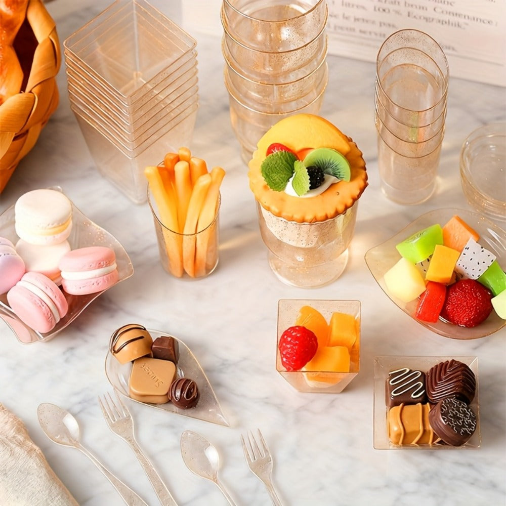 Disposable Tableware Set 400pcs Clear Dessert Plates Cups Forks Spoons Party Supplies for Festival Birthday Wedding Home Includes 100 Each Plates Cups Forks Spoons