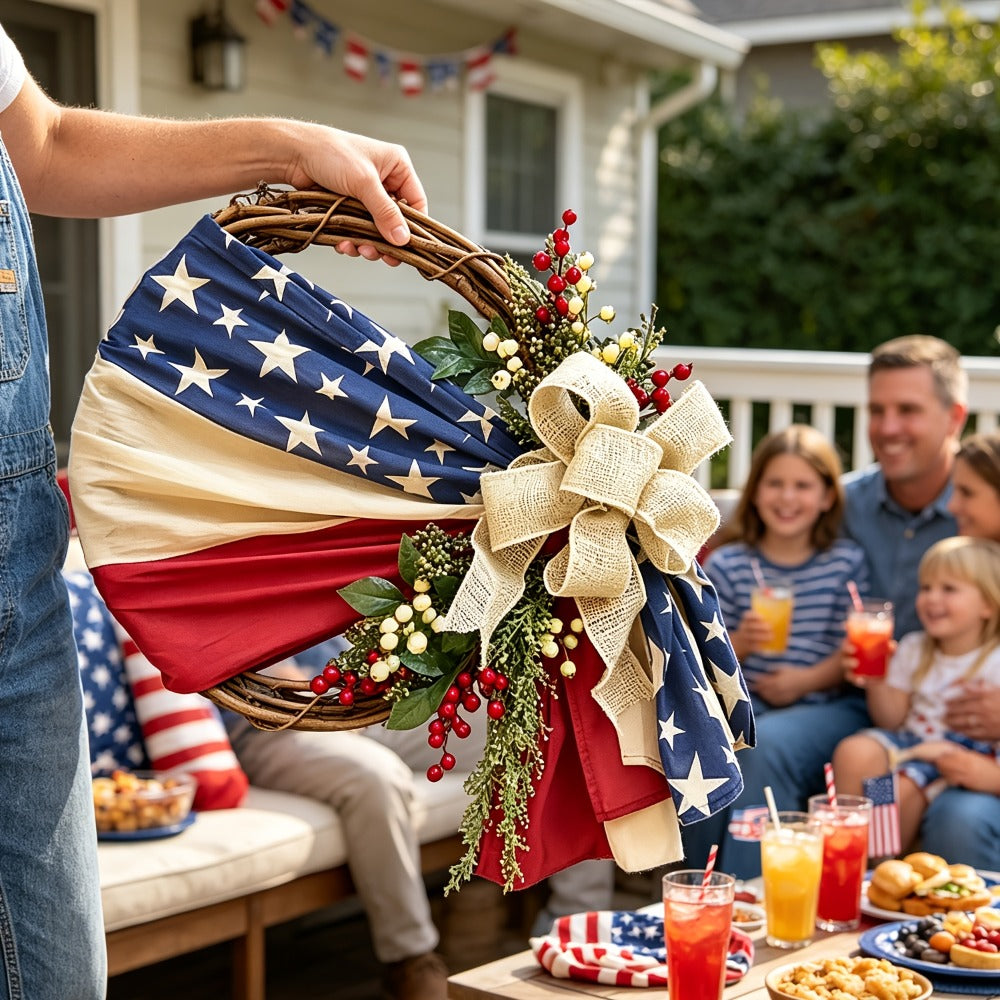 Patriotic 4th of July Door Wreath ¨C Red White & Blue American Flag Wreath with Burlap Bow for Independence Day, Memorial Day & Patriotic Home, Porch & Office Decor