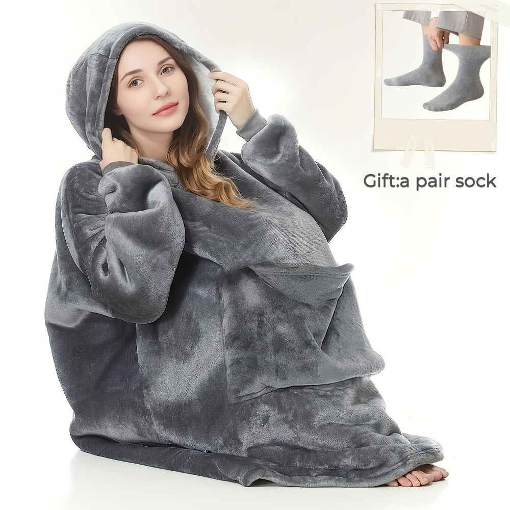 Wearable Hooded Blanket ¨C Reversible Oversized Sherpa Throw with Kangaroo Pocket & Socks, Machine Washable, Christmas Gift, 4 Styles