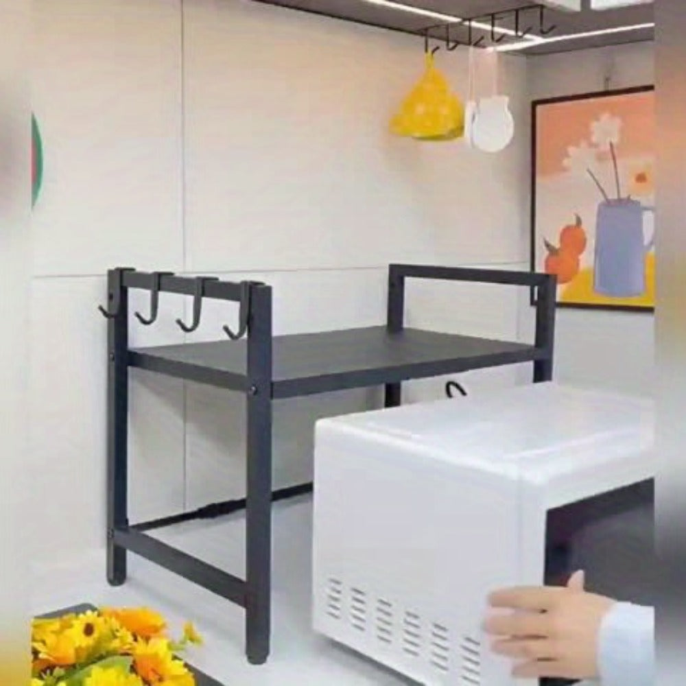 Kitchen Storage Rack Metal Extendable Shelves Microwave Stand Counter Organizer for Spices Bowls Cups Cookware Space Saving Shelf Black
