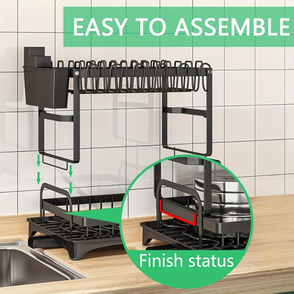 2-Tier Metal Dish Drying Rack with Drainboard ¨C Kitchen Counter Dish Drainer Compact Countertop Drying Rack Black White Gray