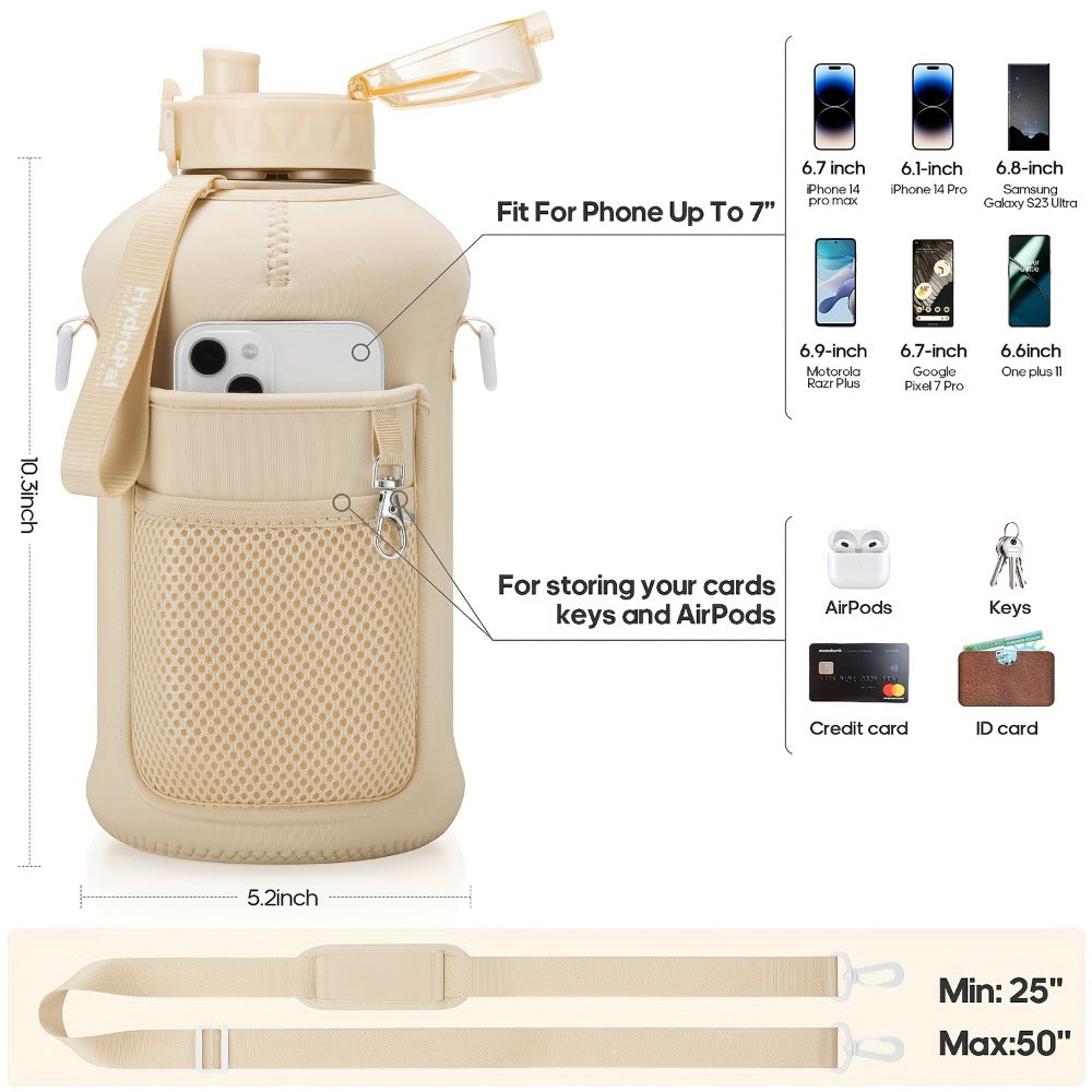 Half Gallon Water Bottle 74oz with Storage Sleeve & 2 Lids - Large Sports Water Jug for Gym, BPA-Free, Straw & Chug Lid, Time Marker, Shoulder Strap & Handle, Motivational Hydration Bottle