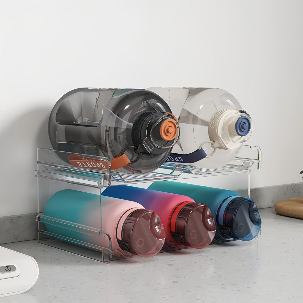 Stackable Water Bottle Organizer for Cabinet & Kitchen Pantry ¨C Tumbler Travel Mug Cup Holder, Plastic Fridge Wine Rack, Holds 5/6/8/9/11/12 Bottles