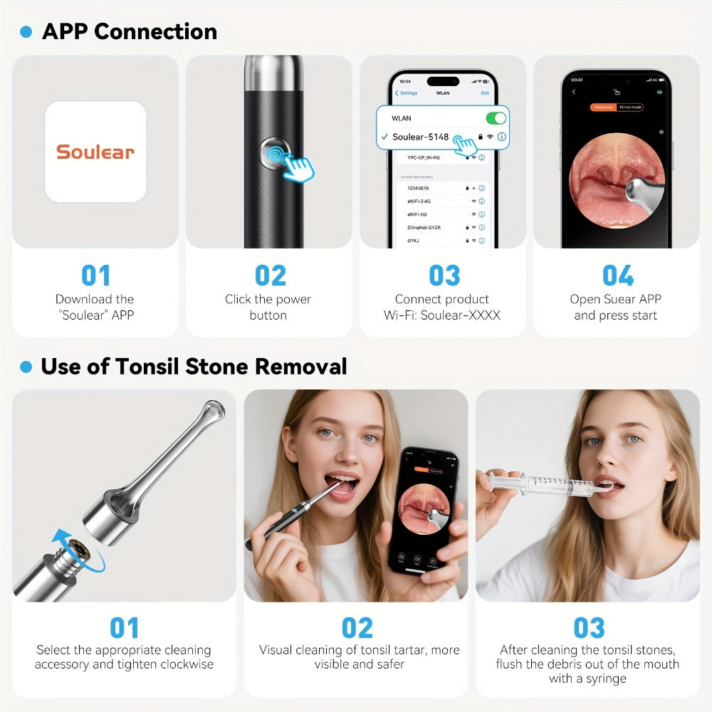Intelligent Visual Tonsil Stone Removal Kit ¨C 1080P HD Camera, 6 LED Lights, Wi-Fi & App Connection, Multi-Accessory Oral Inspection Tool for All Ages