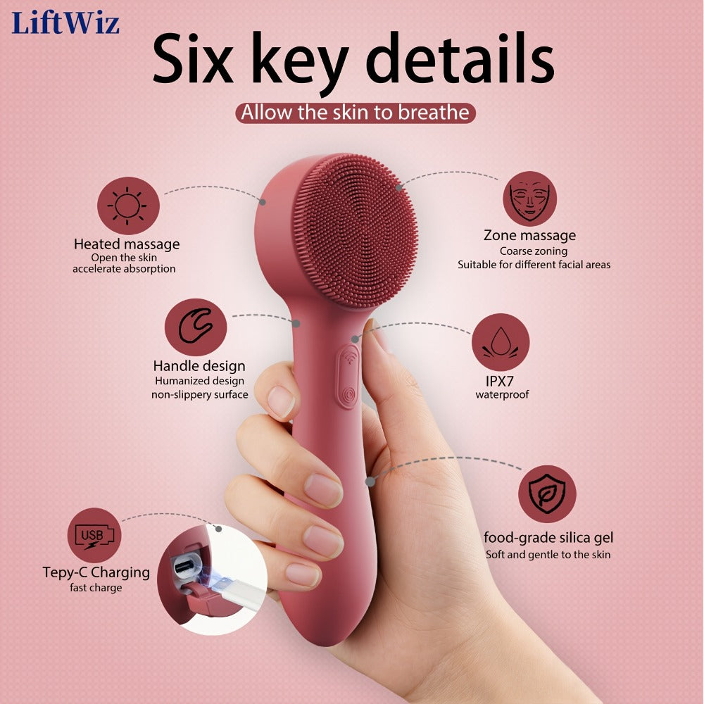 Silicone Facial Cleansing Brush Electric Face Scrubber 12000 Vibrations IPX7 Waterproof USB Rechargeable Heat Massage Deep Pore Cleansing Exfoliator for Sensitive Skin Blue Black Rose Red Pink