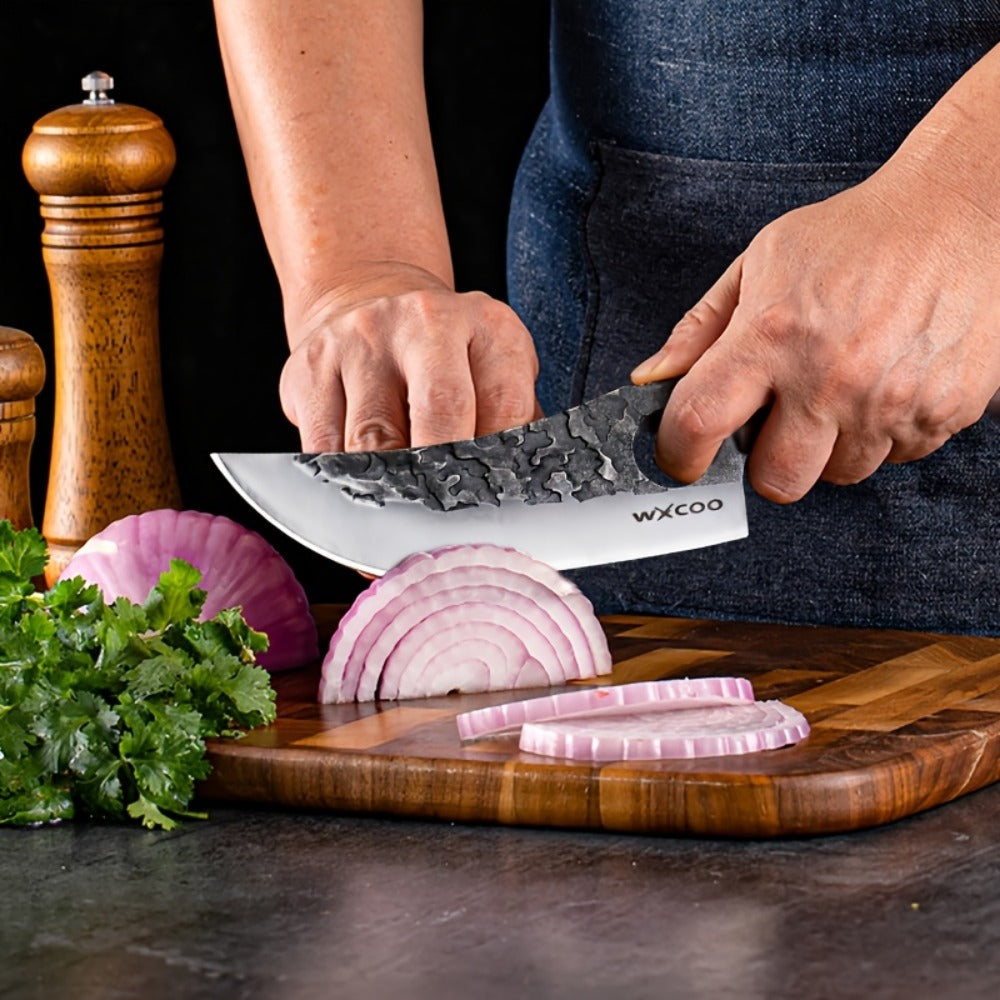 Kitchen Chef Knife Set 3 Piece Stainless Steel - Sharp Boning Knife, Utility Knife & BBQ Knife with Hammered Blade, Wood Handle, Full Tang, Multipurpose Cooking Knives for Meat Vegetables