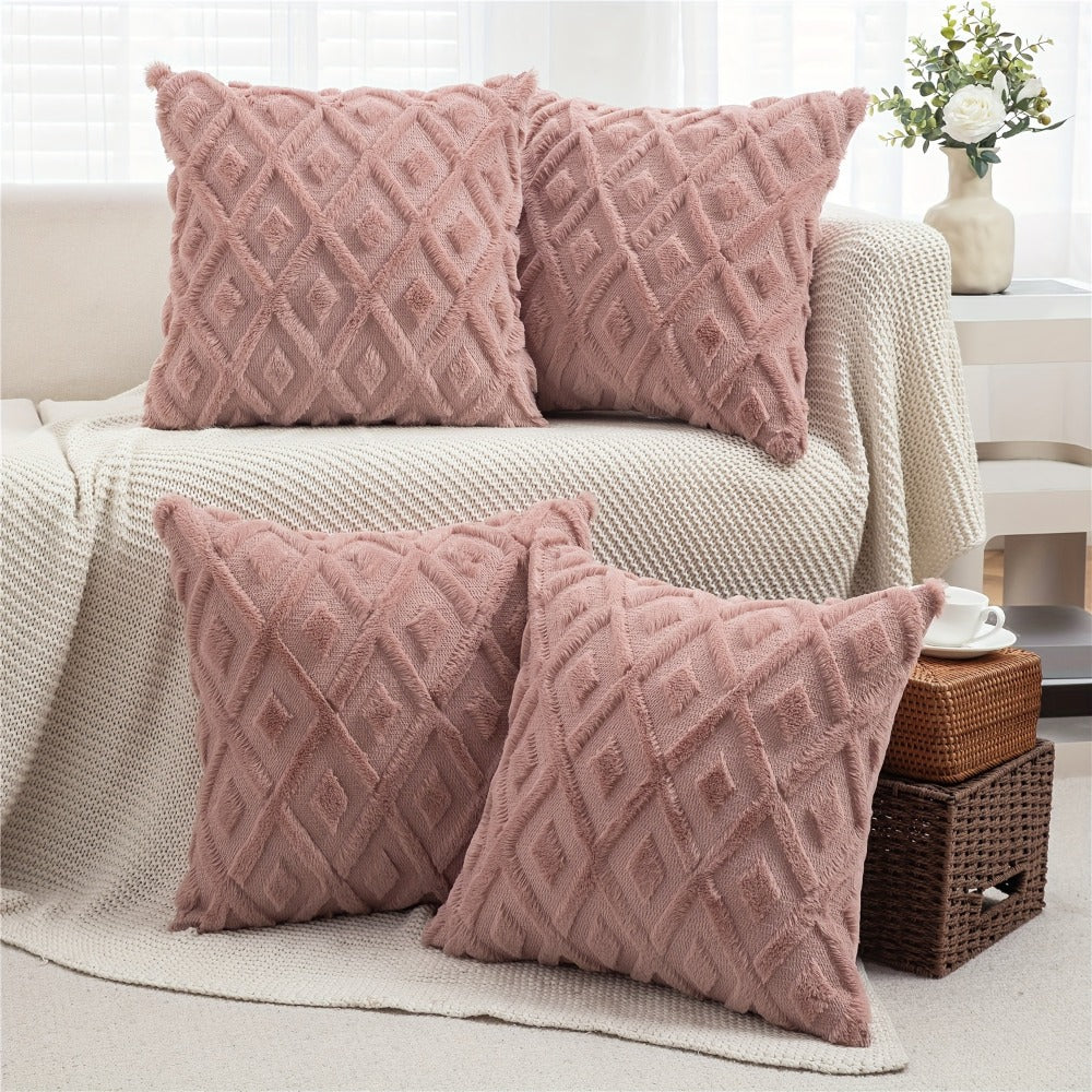 Luxury Faux Wool Pillow Covers 18x18 Set of 4 Boho Soft Plush Decorative Cushion Cases with Zipper for Couch Sofa Living Room - Heather Pink Navy Blue Yellow