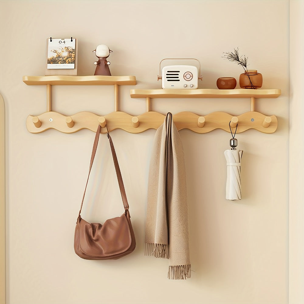 Bamboo Wall Mounted Coat Rack with 8 Hooks, Entryway Coat Hook Rack with Storage Shelf, Space Saving Hallway Organizer for Coats Hats Bags Keys, Modern Wooden Wall Hanger for Bedroom Entrance Living Room