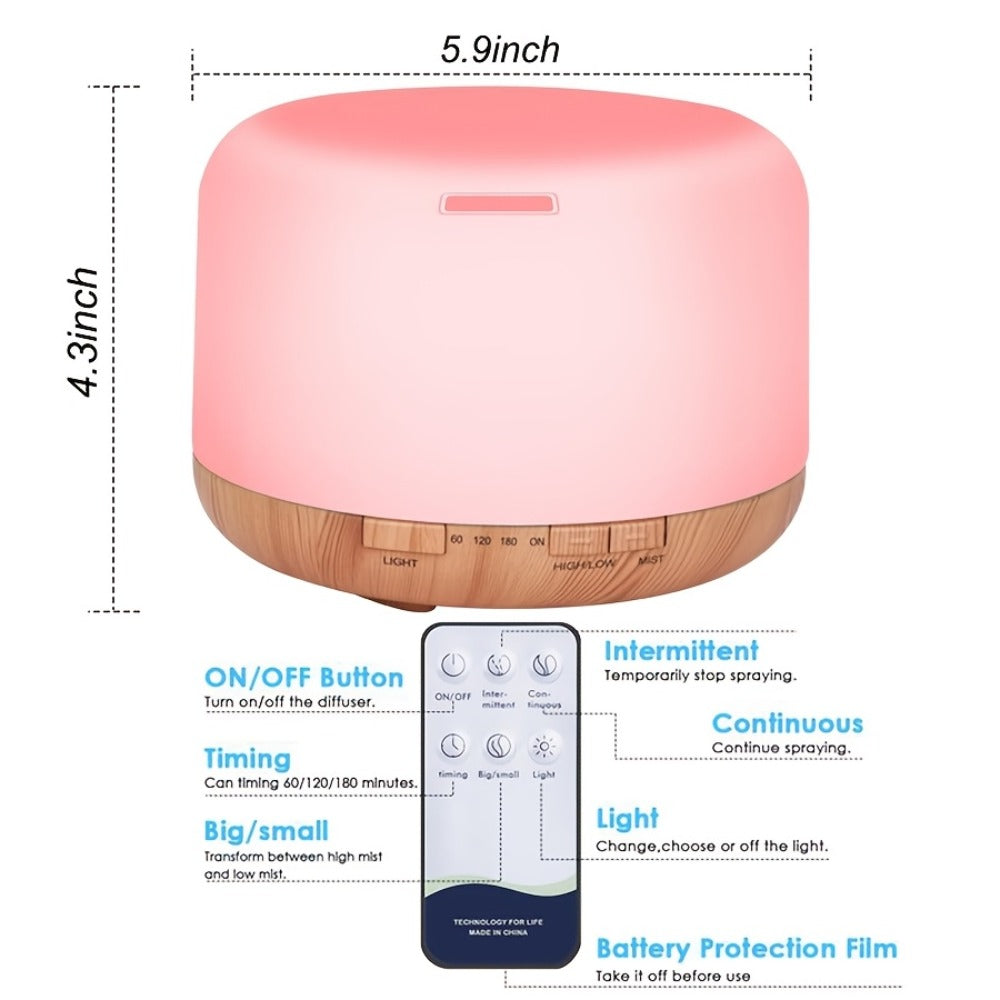 Large Room Essential Oil Diffuser 16.91oz ¨C Timer, 7 Ambient LED Lights, No Water Auto-Off, Wood Grain Design for Home & Office