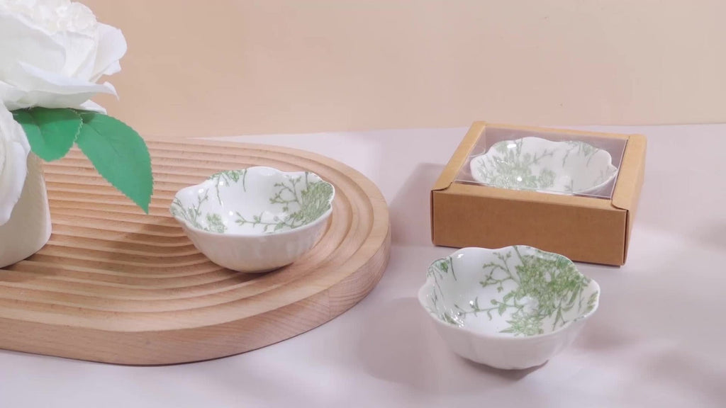 Wedding Favors for Guests 80 Pack Small Ceramic Bowls Bulk Set | 3.3 Inch Green Verdure Mini Dipping Bowl Sauce Dish with Cards & Box for Party Shower Souvenir