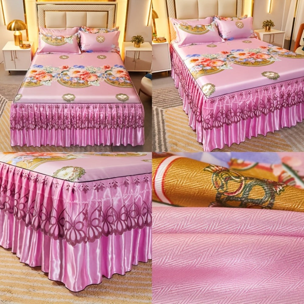 Floral Ruffle Bed Skirt Cool Mat 3 Piece Set with Pillowcase, Double Layer 360¡ã Full Wrap Washable Cooling Mattress Cover, Breathable Summer Bedding Set for Twin Full Queen King, Parisian Romantic Floral