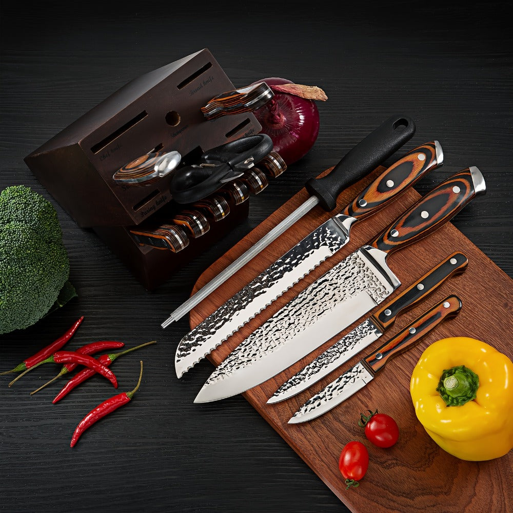 Kitchen Knife Set 15-Piece & 20-Piece Professional Chef Knives with Block Sharpener Ultra-Sharp Medium Carbon Stainless Steel Hammered Blade Wooden Handle Dishwasher Safe Gift for Men & Family