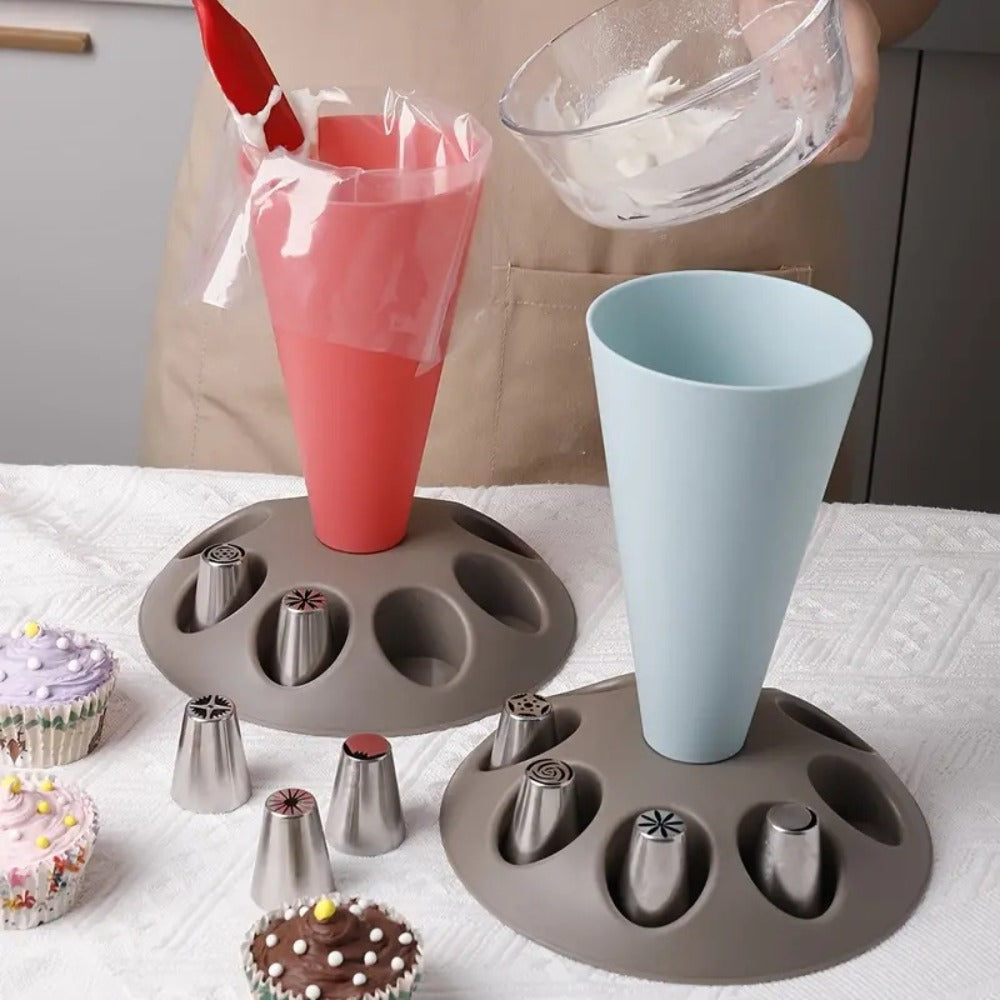 Piping Bag Holder Set 17pcs, Multi-Bag Icing Stand with Various Nozzle Tips for Cake Decorating, Cupcake Frosting, Cookie Decorating, Baking Accessories for Professional and Home Bakers