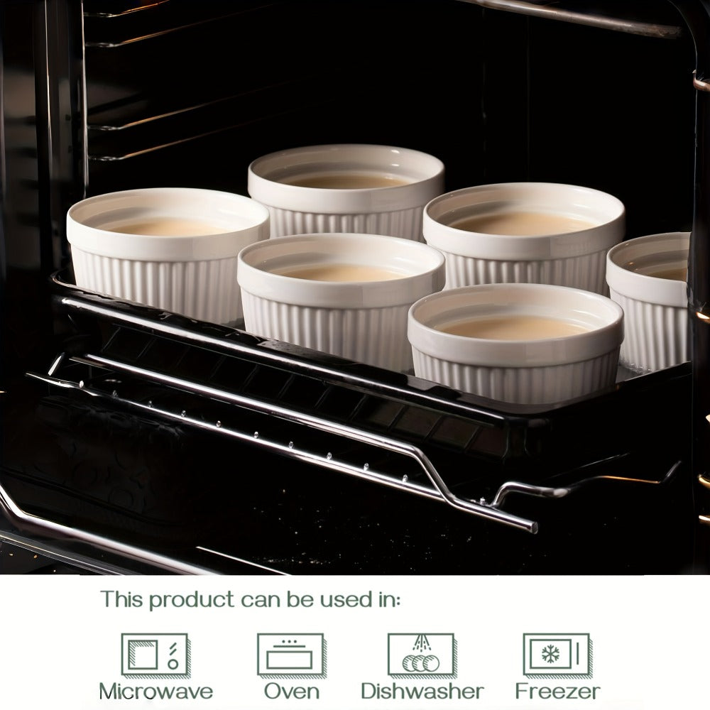 Souffle Dishes Set of 6 Porcelain Ramekins with Lids 8oz Creme Brulee Cups Custard Cups for Baking Pudding Dip Sauce Dessert White Ceramic Bakeware
