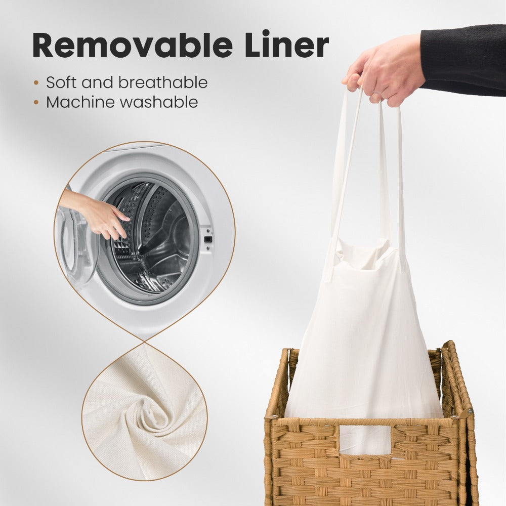 Laundry Hamper with Lid Large Capacity Woven Rattan Storage Basket, Collapsible Clothes Hamper with Handles & Removable Liner, Foldable Breathable Wicker Basket for Bedroom Home Dorm, 2 Sizes