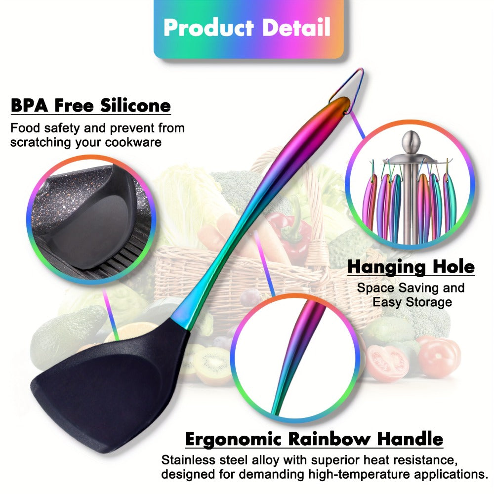 Silicone Cooking Utensils Set 17 Piece Rainbow Titanium with Rotating Holder - Heat Resistant Non-Stick Spatulas, Ladle, Skimmer, Turner & Measuring Cups and Spoons with Stainless Steel Handles