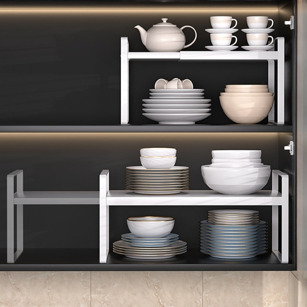 Expandable Cabinet Shelf Organizer Riser ¨C Height Adjustable Retractable Rack with Suction Cup Base for Kitchen Pantry Cupboard Under Sink Countertop, Heavy Duty Metal Space Saver, Stackable Storage
