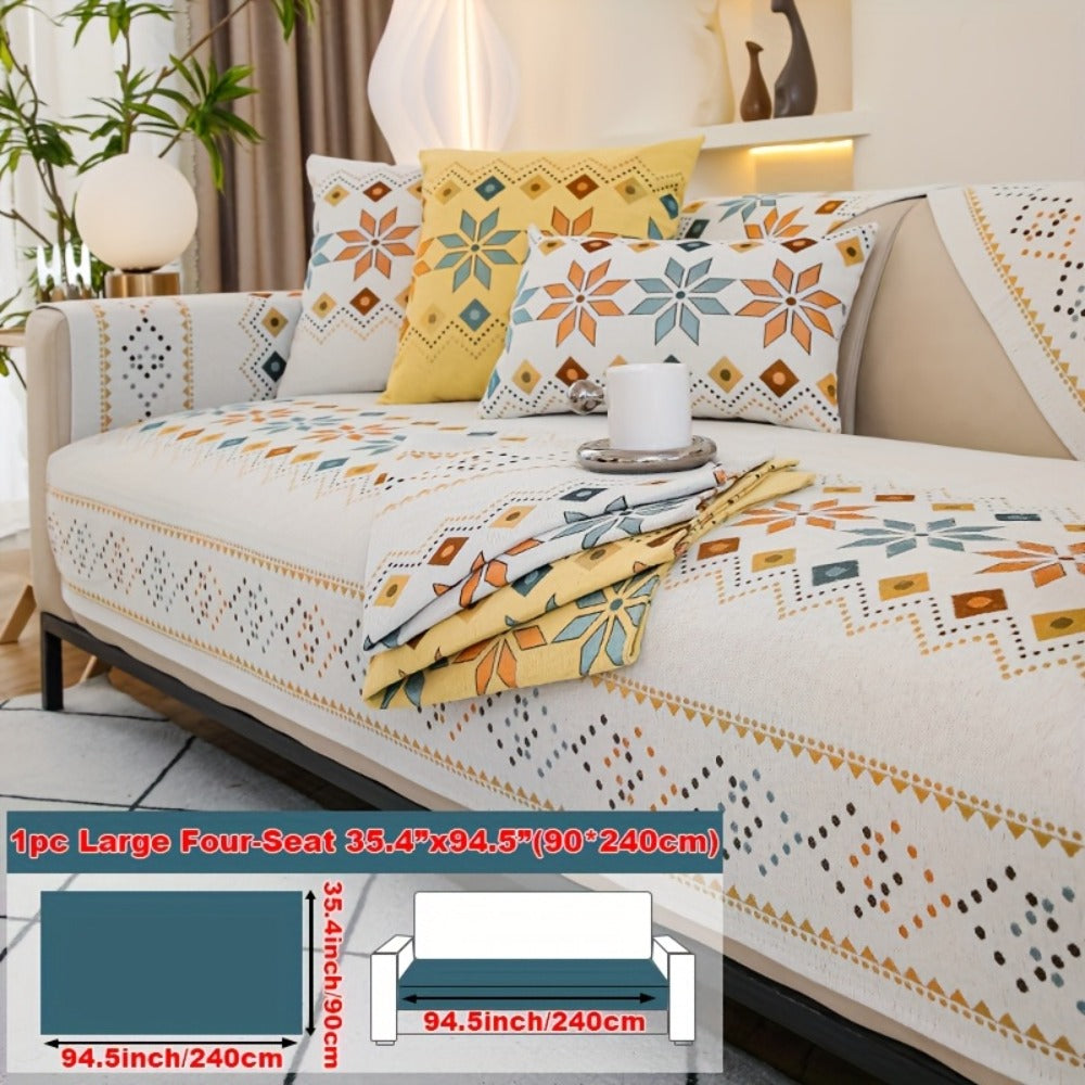 Chenille Sofa Cover Bohemian Style Jacquard Knit Anti-Slip Pet Friendly All Season Sofa Mat Protector - Single 2 3 4 Seater Armrest Backrest Pillow Case Grey White Yellow