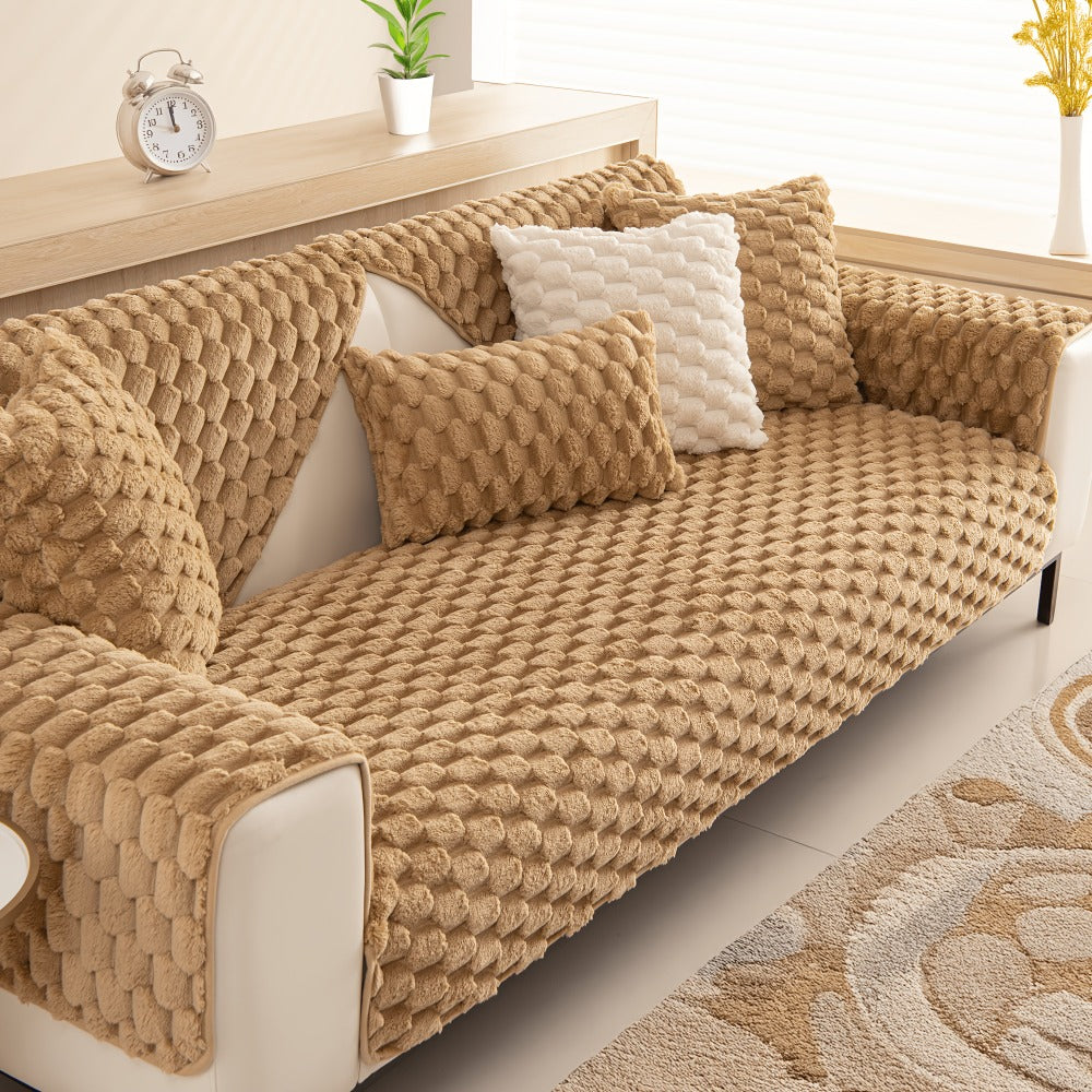 Non-Slip Sofa Cushion Cover Fuzzy Couch Pad Anti-Scratch Pet Friendly Machine Washable Fits 2 3 4 Seat Sectional Recliner 35.5 Inch Wide Beige Light Brown Grey