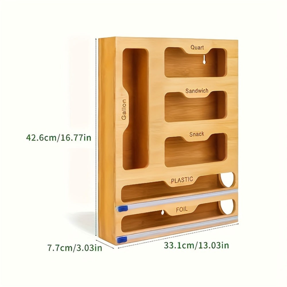 Bamboo Kitchen Organizer 6-in-1 - Aluminum Foil Plastic Wrap Dispenser with Cutter Ziplock Bag Organizer for Kitchen Drawer Gallon Quart Sandwich Snack Bags Storage
