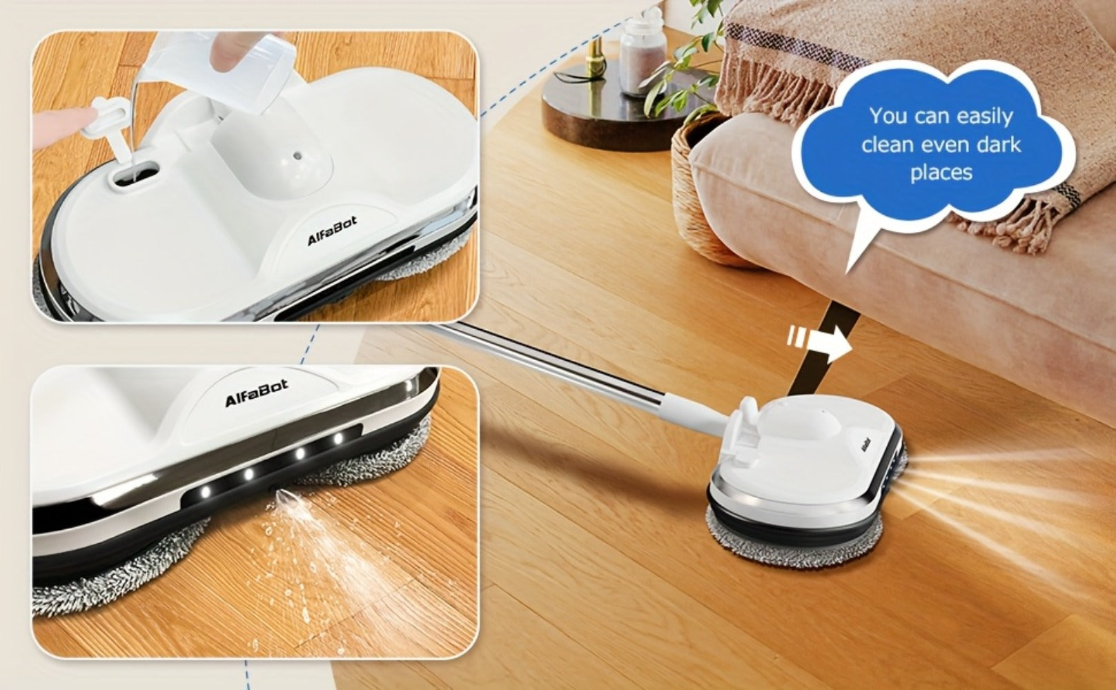 Cordless Electric Spin Mop with LED Headlight & Sprayer, 50-Min Runtime 6oz Water Tank, Lightweight Floor Scrubber for Hardwood Tile Laminate Floors