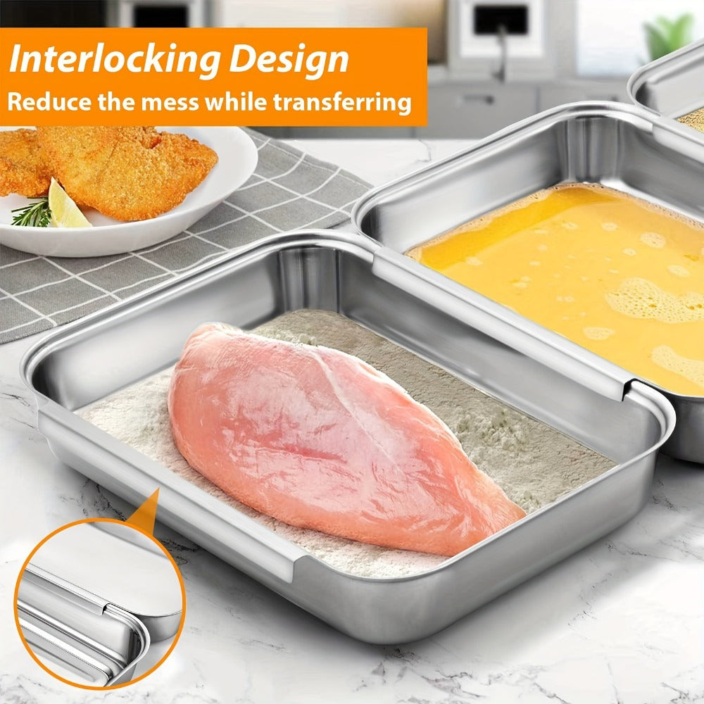 Stainless Steel Breading Tray Set 3-Piece, Food Prep Coating Trays for Breading Chicken Fish Shrimp, Marinating Meat Tray, Oven Safe Baking Tray Set for Kitchen Prep and Holiday Cooking