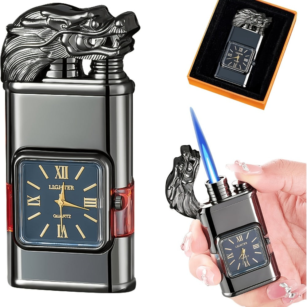 Double Flame Torch Lighter for Men ¨C Windproof Refillable Butane Lighter with Vintage Quartz Dial, Zinc Alloy Body, Gift Box Included, Outdoor Camping BBQ Survival, Unique Engraved Style (Butane Not Included)