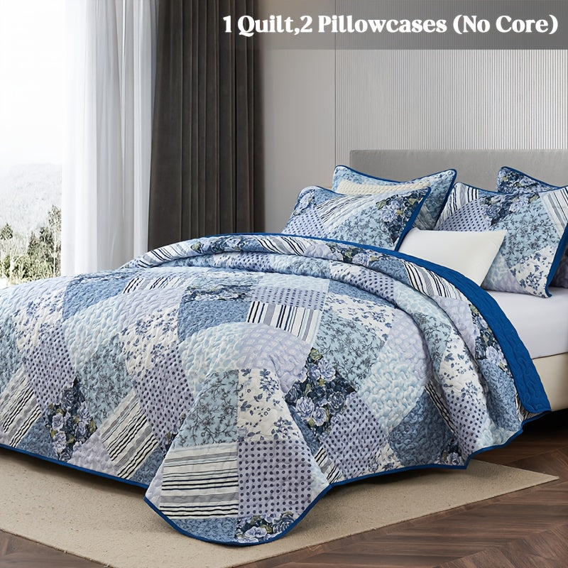 Quilt Set 2 3 Piece Lightweight Floral Patchwork Coverlet Bedding Set with Pillow Shams, Boho Quilted Bedspread for Twin Full Queen King, All Season Soft Cozy Bed Cover Green Blue Pink Grey