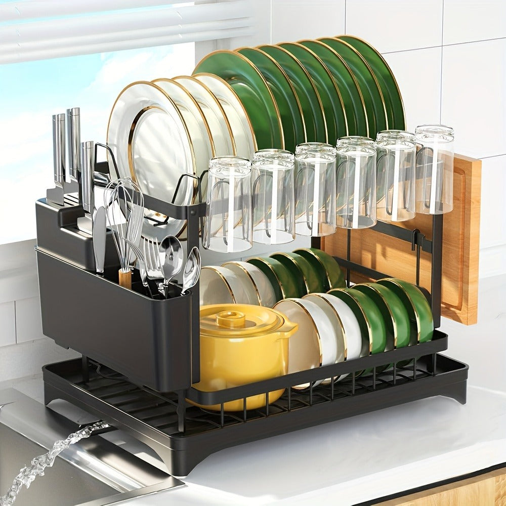 2-Tier Metal Dish Drying Rack with Drainboard ¨C Kitchen Counter Dish Drainer Compact Countertop Drying Rack Black White Gray