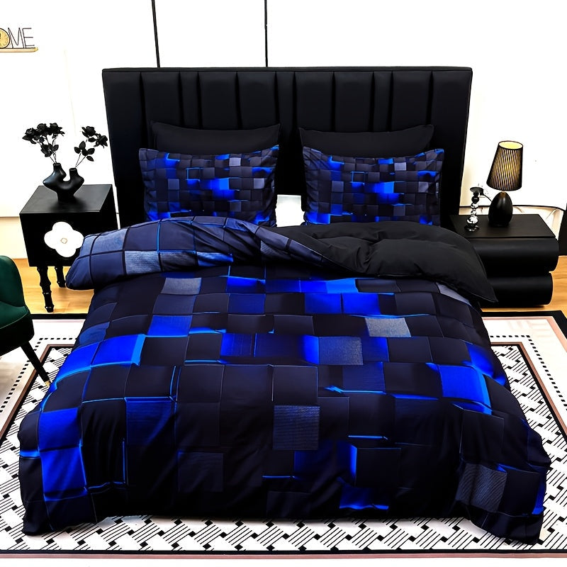 Duvet Cover Set 3 Piece Plaid Digital Print Polyester Bedding All Season Twin Full Queen King Size with Pillowcases Purple Blue Red