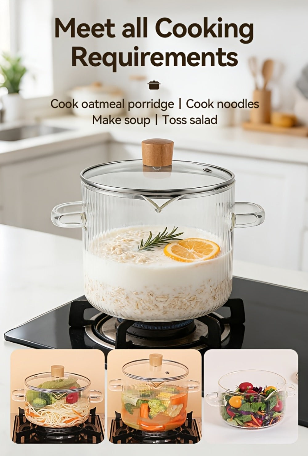 Glass Saucepan Set 2-Pack Stovetop Safe Borosilicate Ribbed Pots with Lids ¨C 78oz & 54oz Heat Resistant Cookware for Soup, Ramen, Milk | Transparent Glass Pot Kitchen Cooking Set with Baking Mat