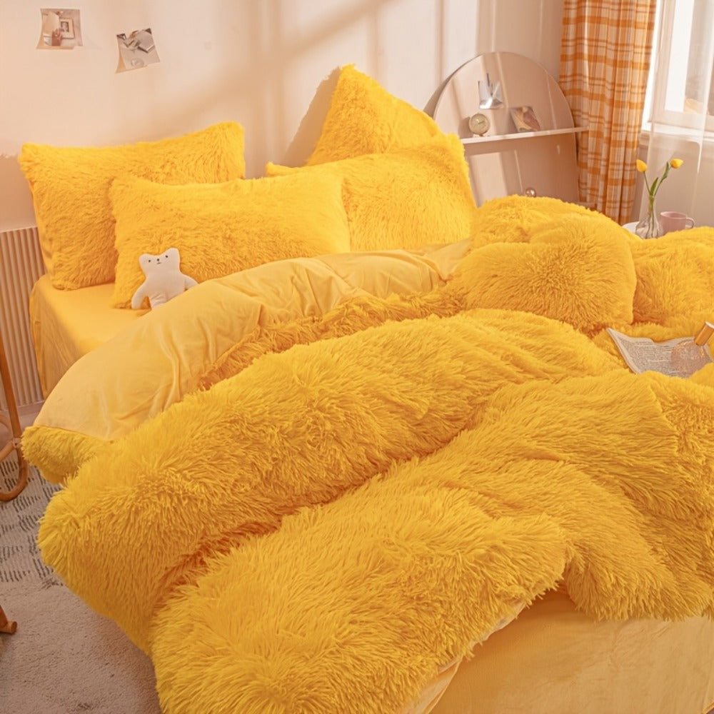 Fluffy Bedding Set 4pcs Soft Warm Plush Duvet Cover with Pillowcases Queen King - Cozy Autumn Winter Comforter Set 8 Colors