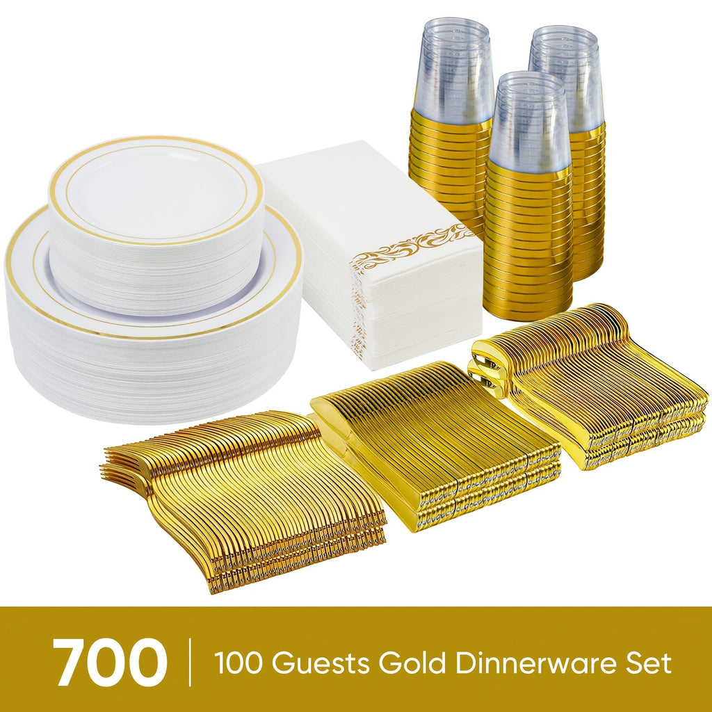 Disposable Party Dinnerware Set 350 700 Pieces Gold Silver Plastic Plates Salad Plates Cutlery Cups Napkins for 50 100 Guests Wedding Birthday Graduation Party