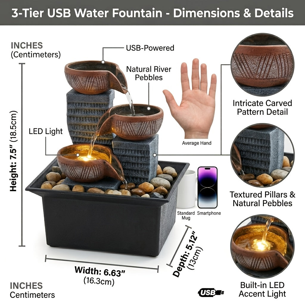 Tabletop Water Fountain Indoor ¨C 4-Level Desktop Waterfall with LED Lights & Natural River Stones, USB Powered Meditation Fountain for Home Office Relaxation, Zen Desk Decor with Bubble Balls