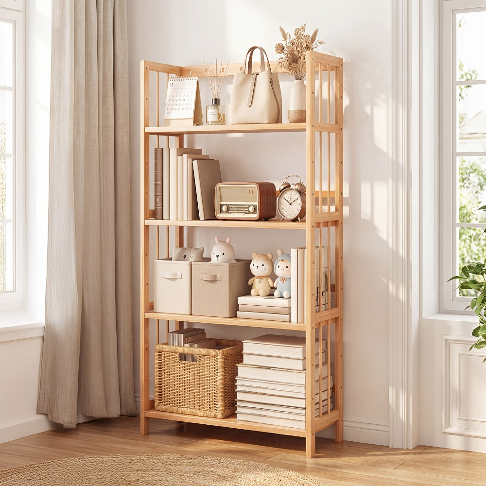 Bamboo Bookshelf Narrow 4 Tier Adjustable Shelves Wooden Bookcase Storage Shelf Organizer for Small Spaces Bedroom Living Room Home Office Standing Shelf