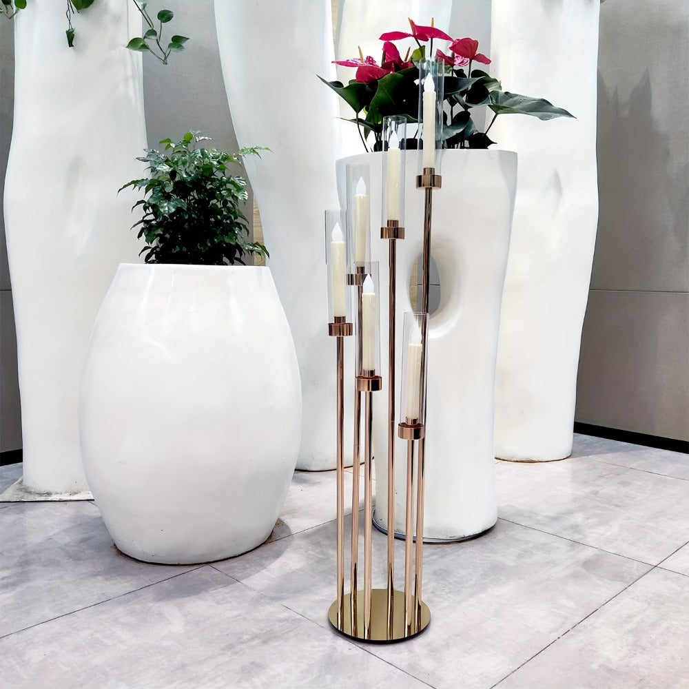 Floor Candelabra 6-Arm 46 Inch Gold Metal Candlestick Set with 12pcs LED Candles & Acrylic Shades, Tall Wedding Centerpiece Candle Holder for Valentine's Day Anniversary Party Home Decor