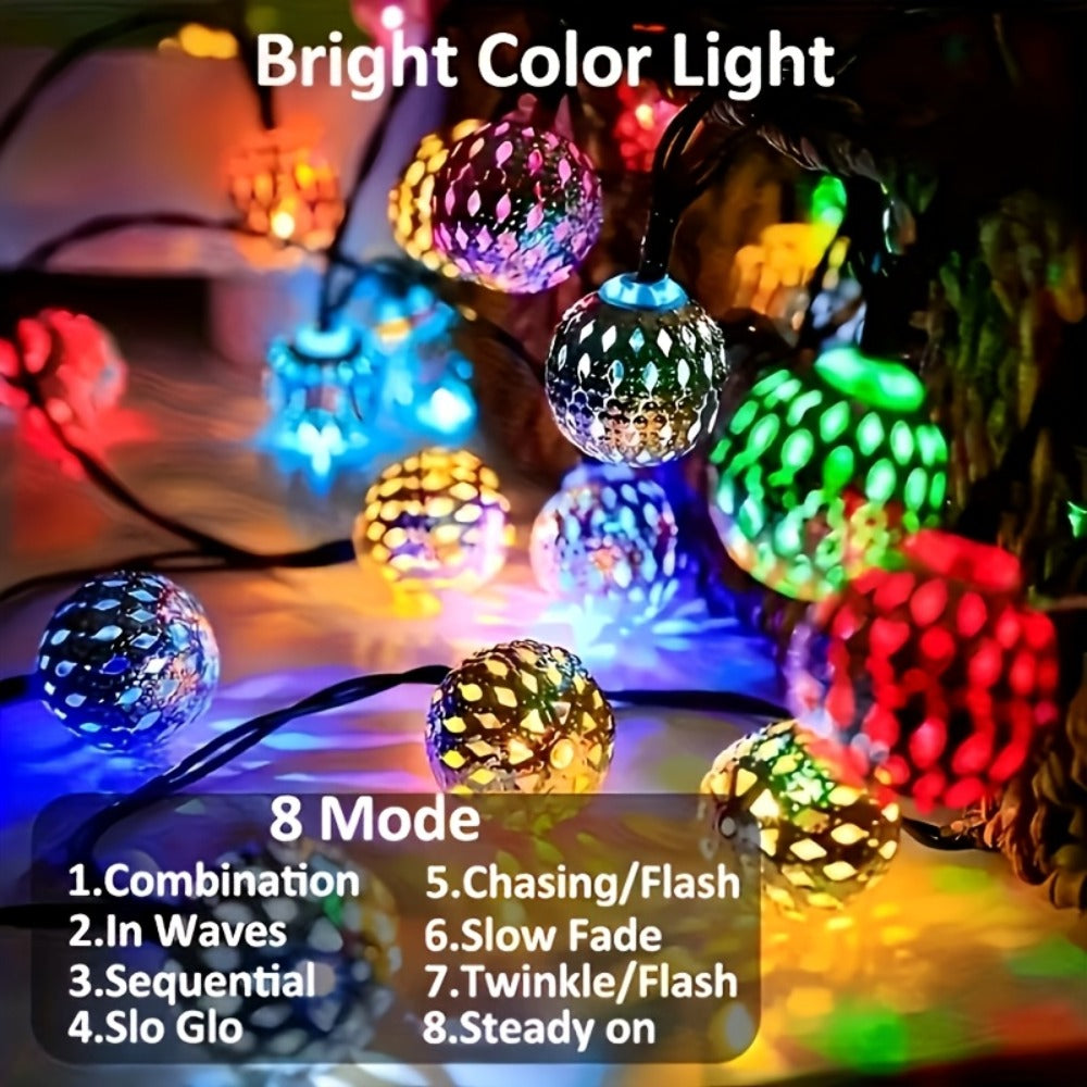 Moroccan Solar String Lights Outdoor - Metal Sphere Fairy Lights with 20/30/50 LED Beads, 8 Modes, IPX65 Waterproof | Boho Garden Lights for Patio, Lawn, Wedding, Christmas Tree & Party Decoration