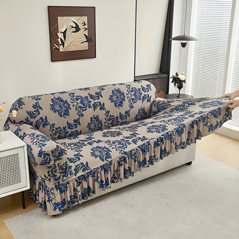 Stretch Sofa Cover with Skirt Design High Elasticity Anti-Slip Fixing Rod All Season Printed Slipcover Fits 1 2 4 Seater Sofa - Dark Blue with Matching Pillowcase