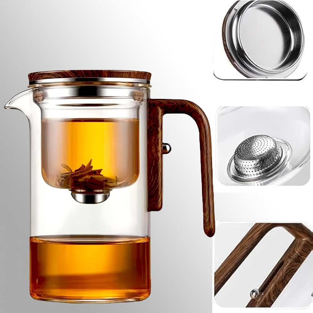 Glass Teapot with Infuser & Wooden Handle ¨C Borosilicate Tea Kettle, One-Button Tea-Water Separation, Drip-Free Spout, 27oz for Loose Leaf & Blooming Tea, Holiday Gift for Men & Women