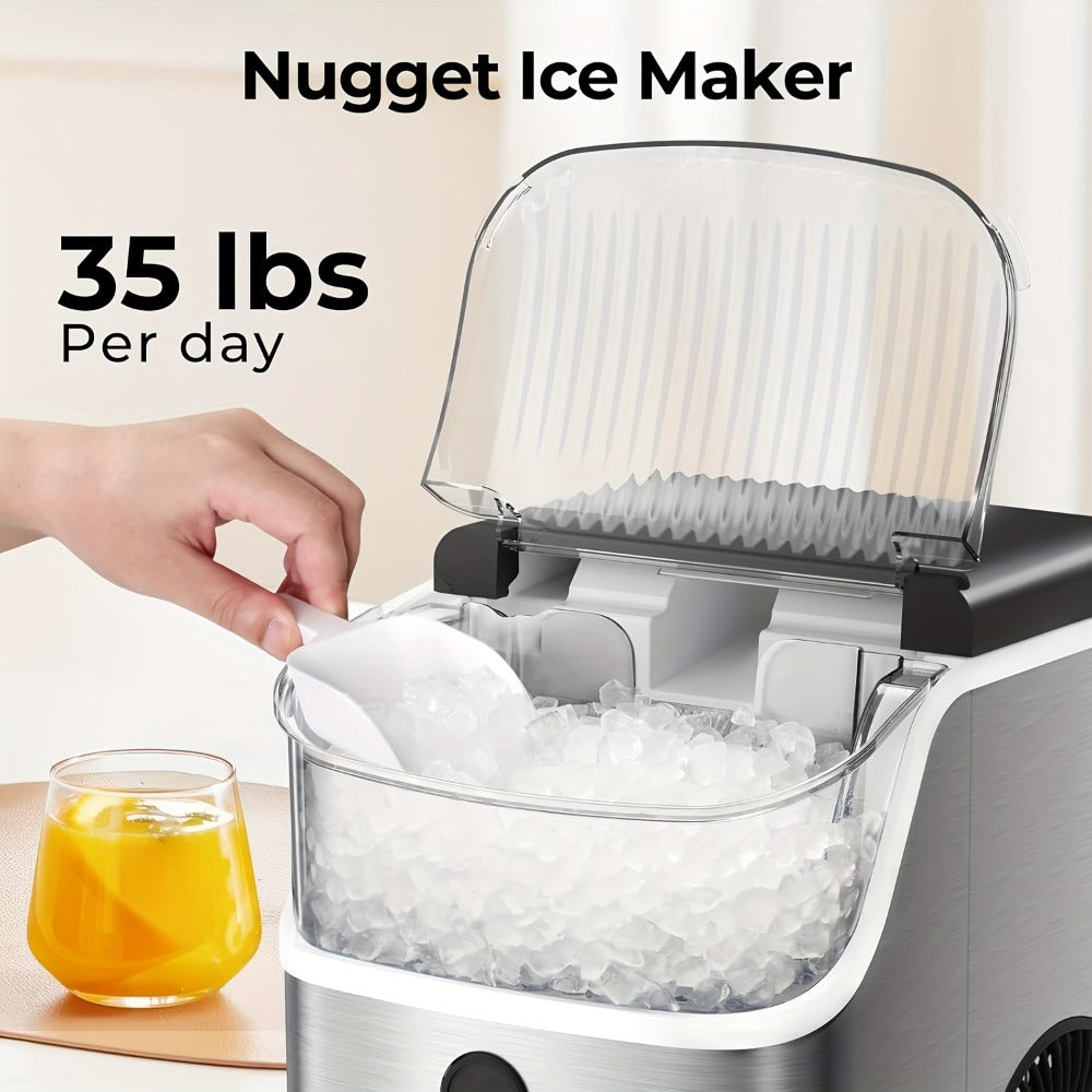 Countertop Nugget Ice Maker 35lbs in 24hrs, Self-Cleaning Portable Ice Machine with Ice Scoop & Basket, Stainless Steel, for Home Kitchen Office Camping RV Bar