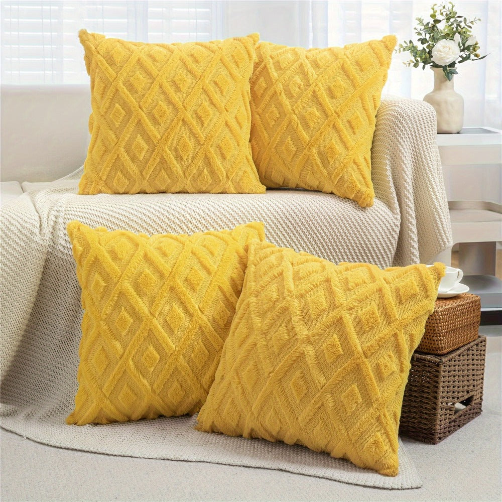 Luxury Faux Wool Pillow Covers 18x18 Set of 4 Boho Soft Plush Decorative Cushion Cases with Zipper for Couch Sofa Living Room - Heather Pink Navy Blue Yellow