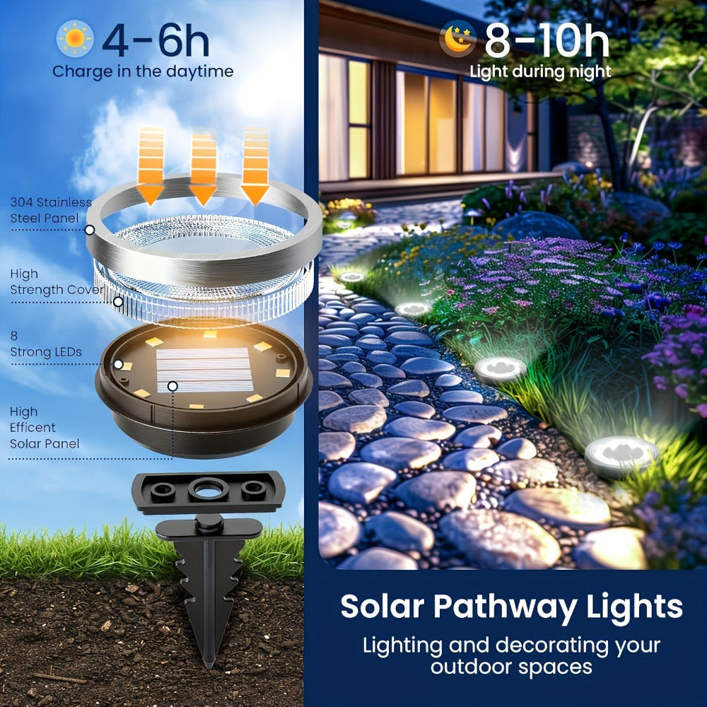 Solar Ground Lights Outdoor LED Path Lights Waterproof - Stainless Steel In-Ground Solar Lights for Lawn Driveway Courtyard Garden Pathway, Warm & Cool White Landscape Lighting Pack Options