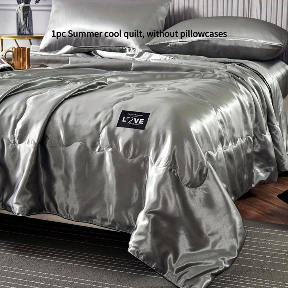 Cooling Satin Quilt Summer Comforter Ultra-Soft Breathable Lightweight Blanket, Machine Washable Satin Weave Bedspread for Home Dorm Hotel, Twin Full Size, White Silvery Grey Pink Lake Blue
