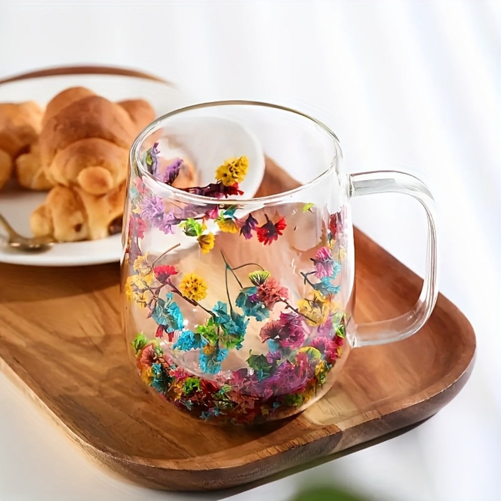 Double Wall Glass Coffee Cups with Handle Set of 4 ¨C Borosilicate Thermal Mugs for Latte Cappuccino Tea | Dried Flower & Petal Design Transparent Drinkware for Office Home Gifts