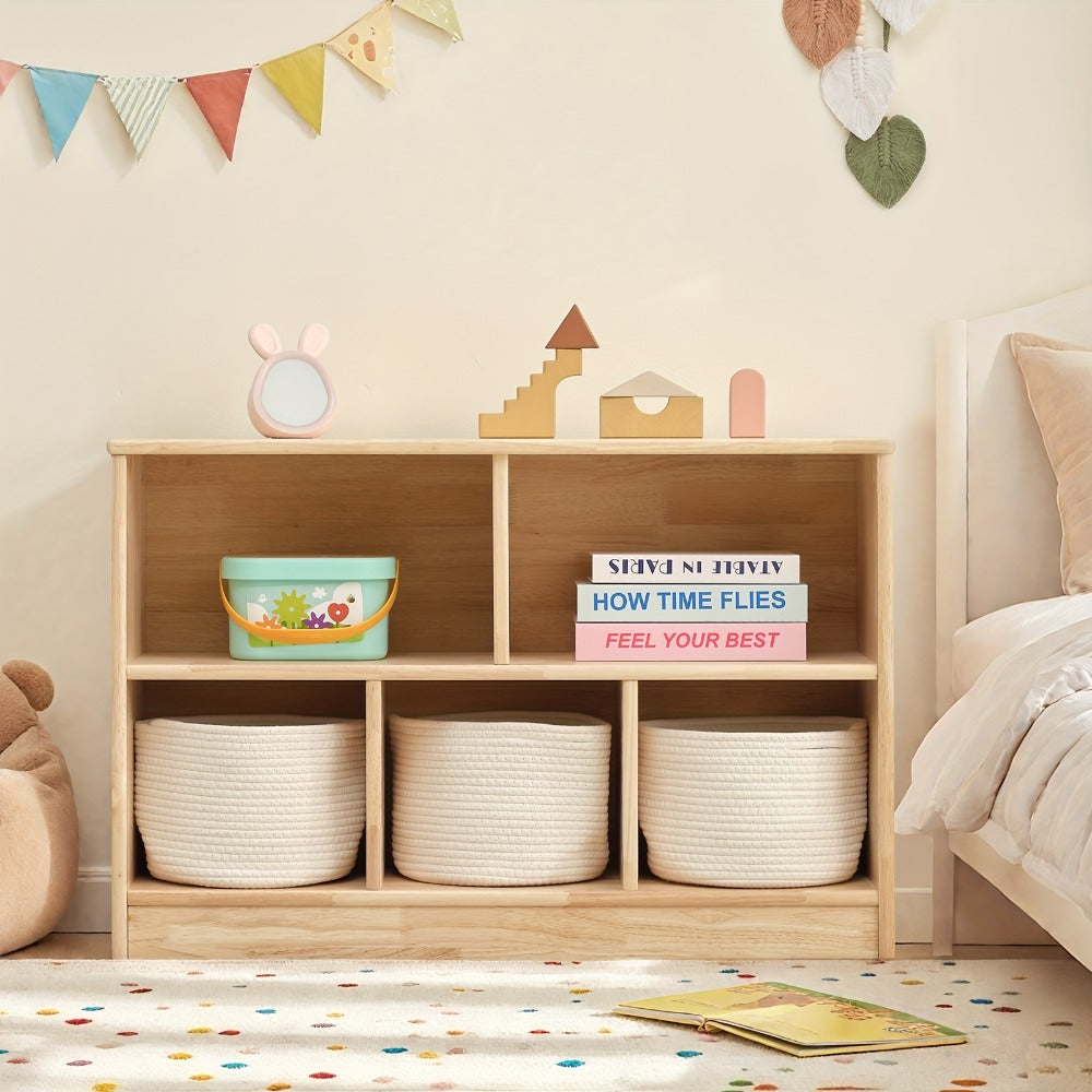 Rubber Wood 5-Compartment Bookshelf 35.4¡± ¨C 2-Tier Wooden Storage Cabinet for Classroom, Playroom & Preschool | Kids Book Organizer Shelf for Daycare, Bedroom & Living Room | 5-Section Display Rack