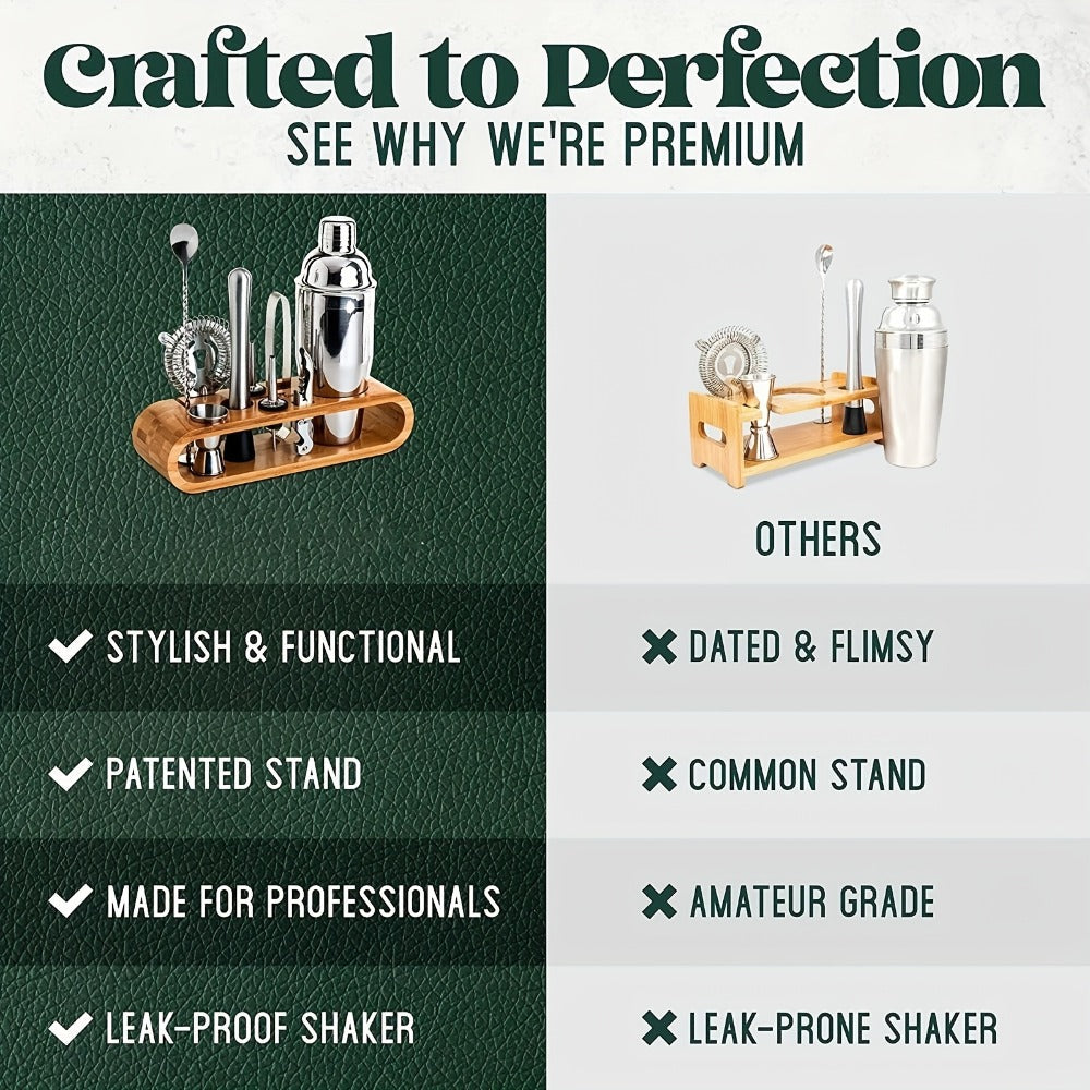 Bartender Kit 10 Piece Stainless Steel Bar Tool Set with Bamboo Stand Cocktail Shaker Mixing Spoon Strainer Jigger Home Bar Accessories Perfect Housewarming Gift for Fathers Day